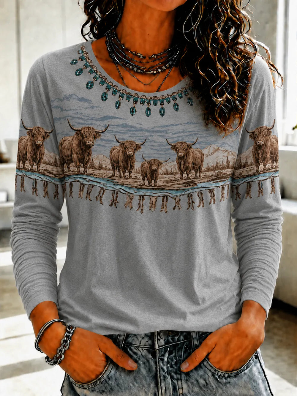 Women'S Western Retro Highland Cow Long Sleeve Top