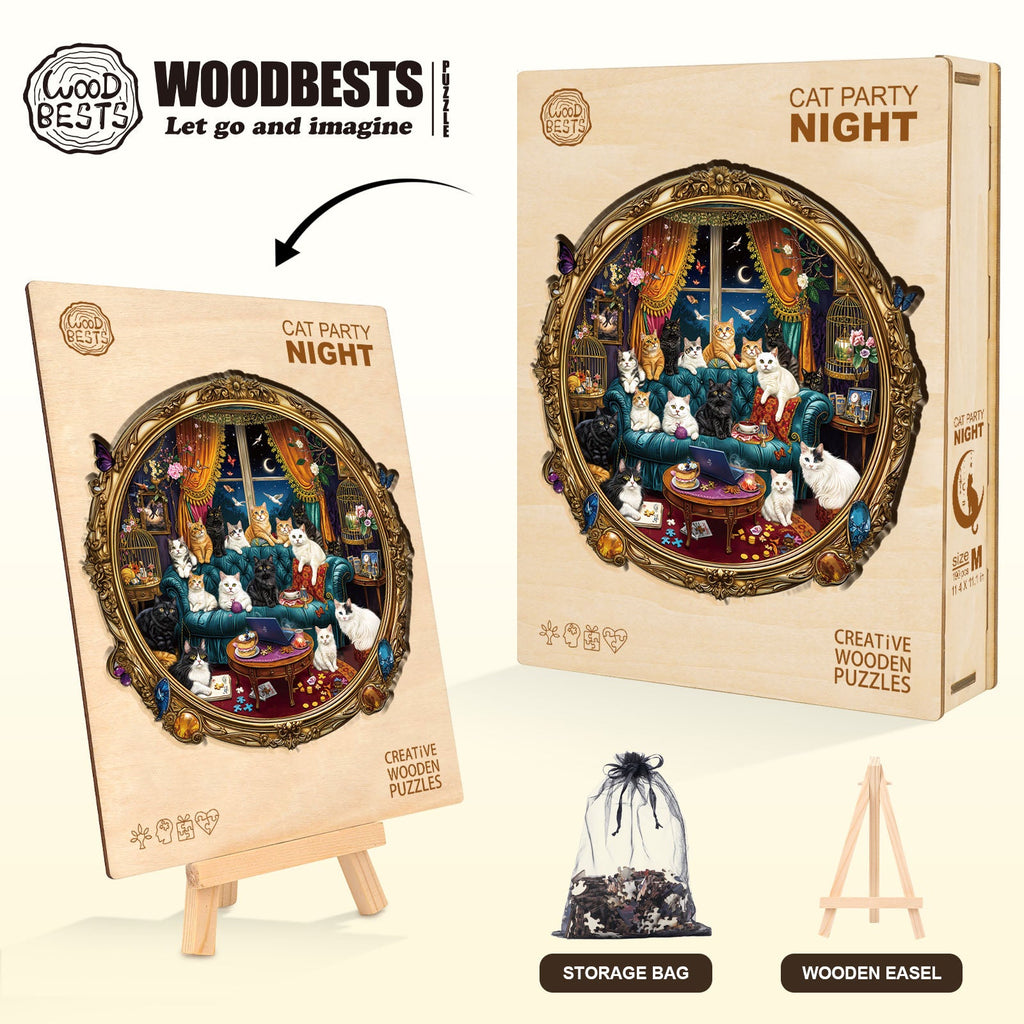 Cat Party Night Wooden Jigsaw Puzzle