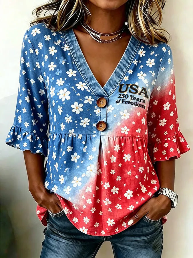 Women'S Casual American 250Th Anniversary Printed Top