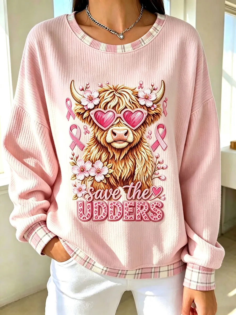Women'S Breast Cancer Highland Cow Print Long Sleeve Top