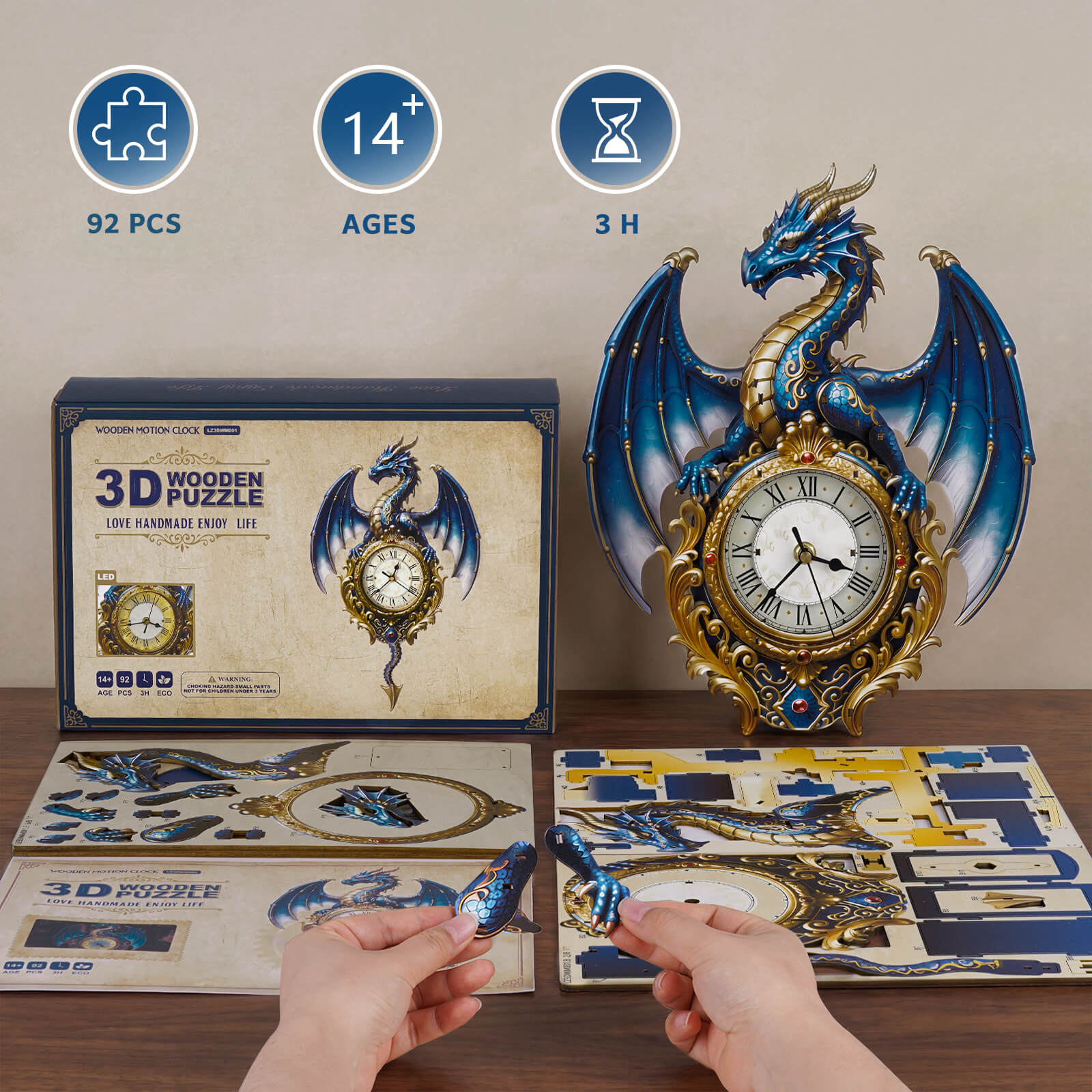 Blue Dragon – Hourly Chime DIY Wooden Clock, 3D Puzzle Craft Kit