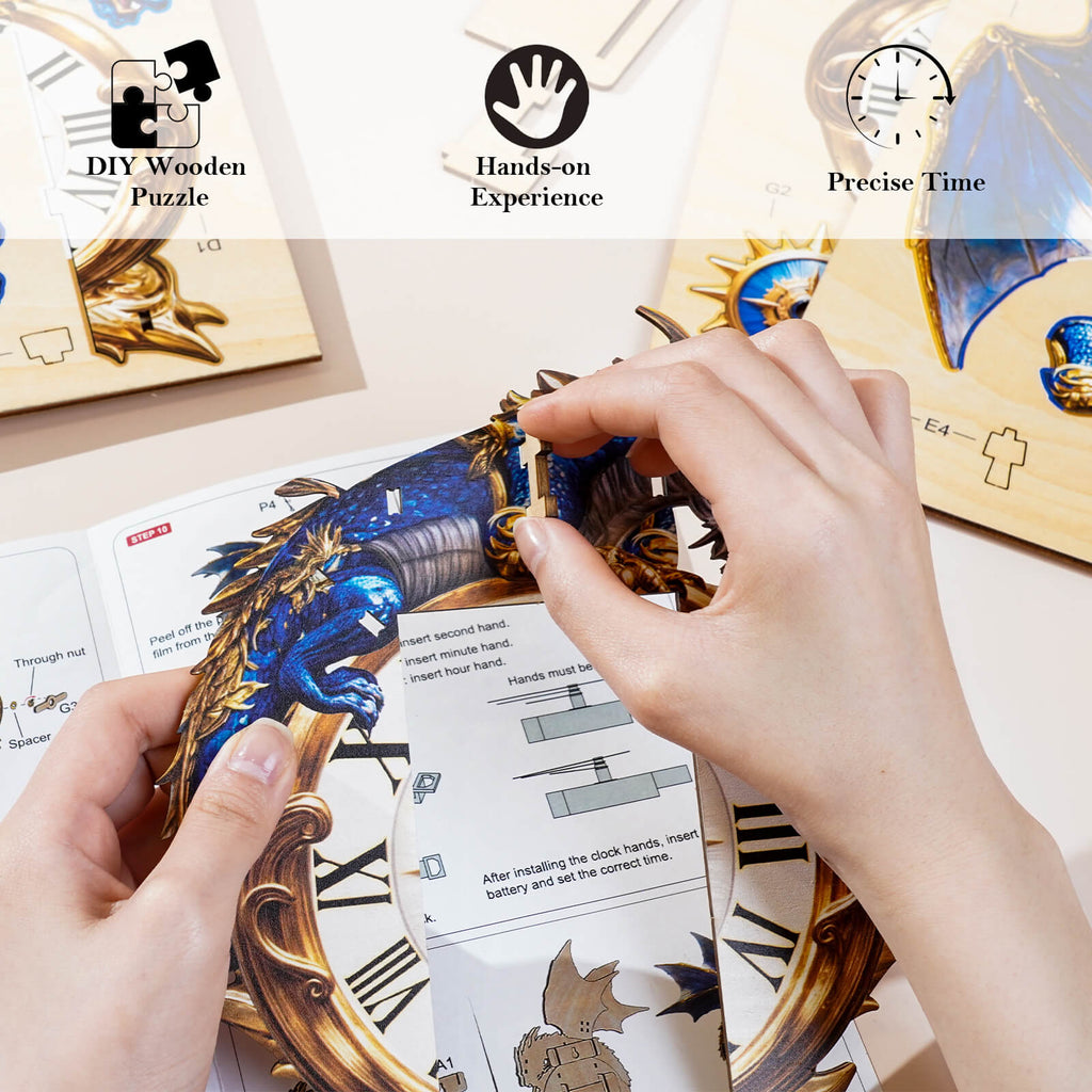 Blue Dragon– DIY Wooden Clock, 3D Puzzle Craft Kit