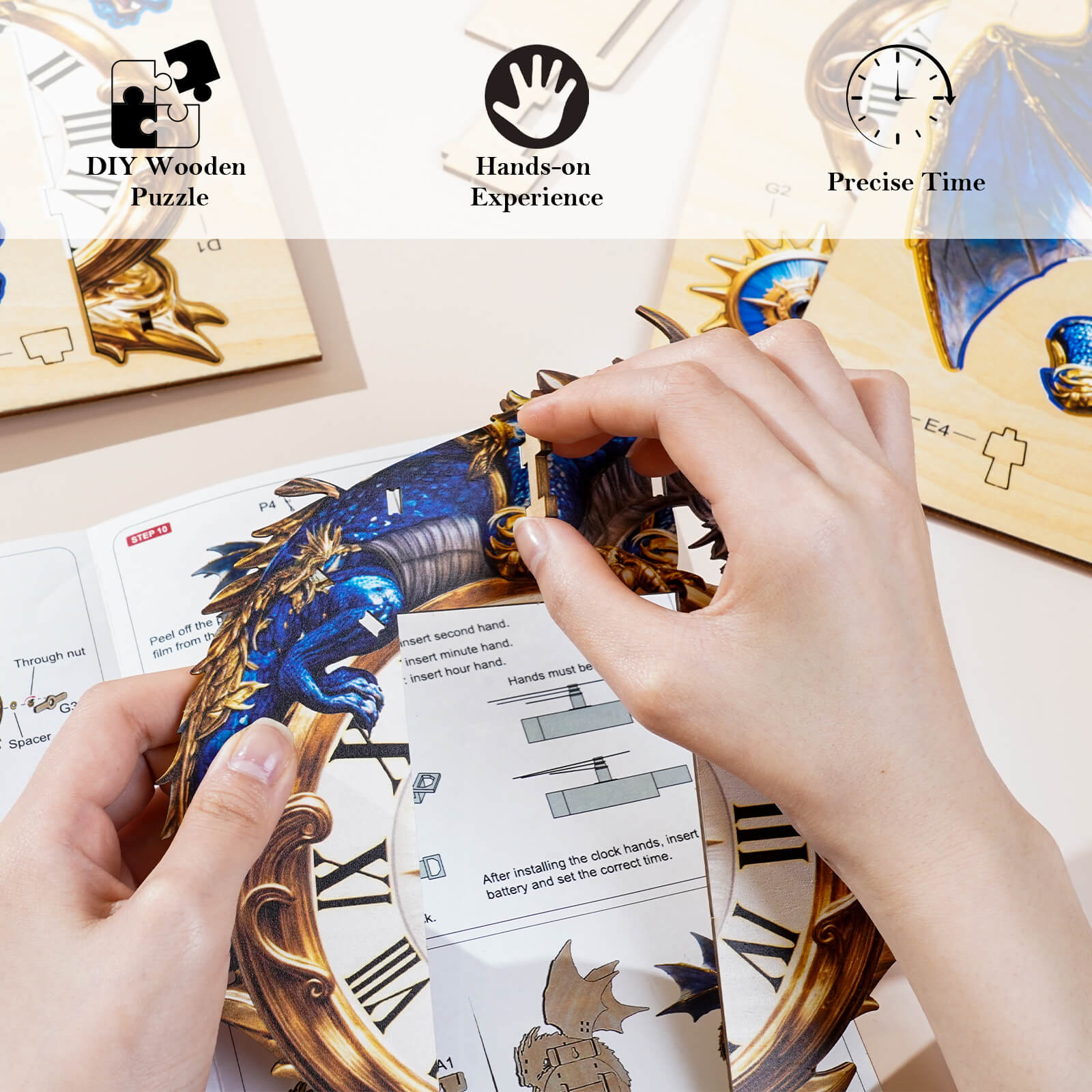 Blue Dragon– DIY Wooden Clock, 3D Puzzle Craft Kit