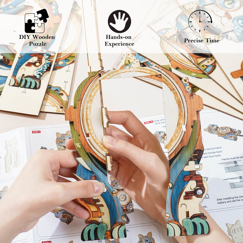 Cat Detective– DIY Wooden Clock, 3D Puzzle Craft Kit