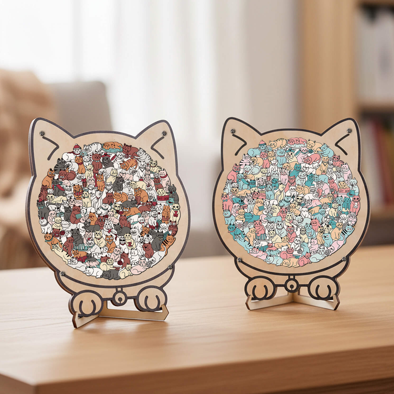 Morandi-Colored Cute Cat Shaped Wooden Jigsaw Puzzle