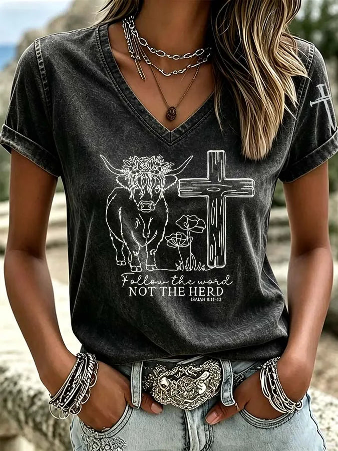 Women's Western style highland cow cross print V-neck top