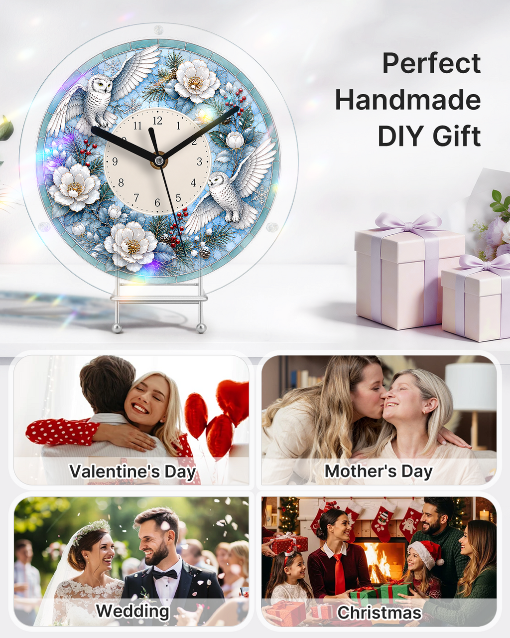 DIY Acrylic Puzzle Clock Kit - Winter Snowy Owls