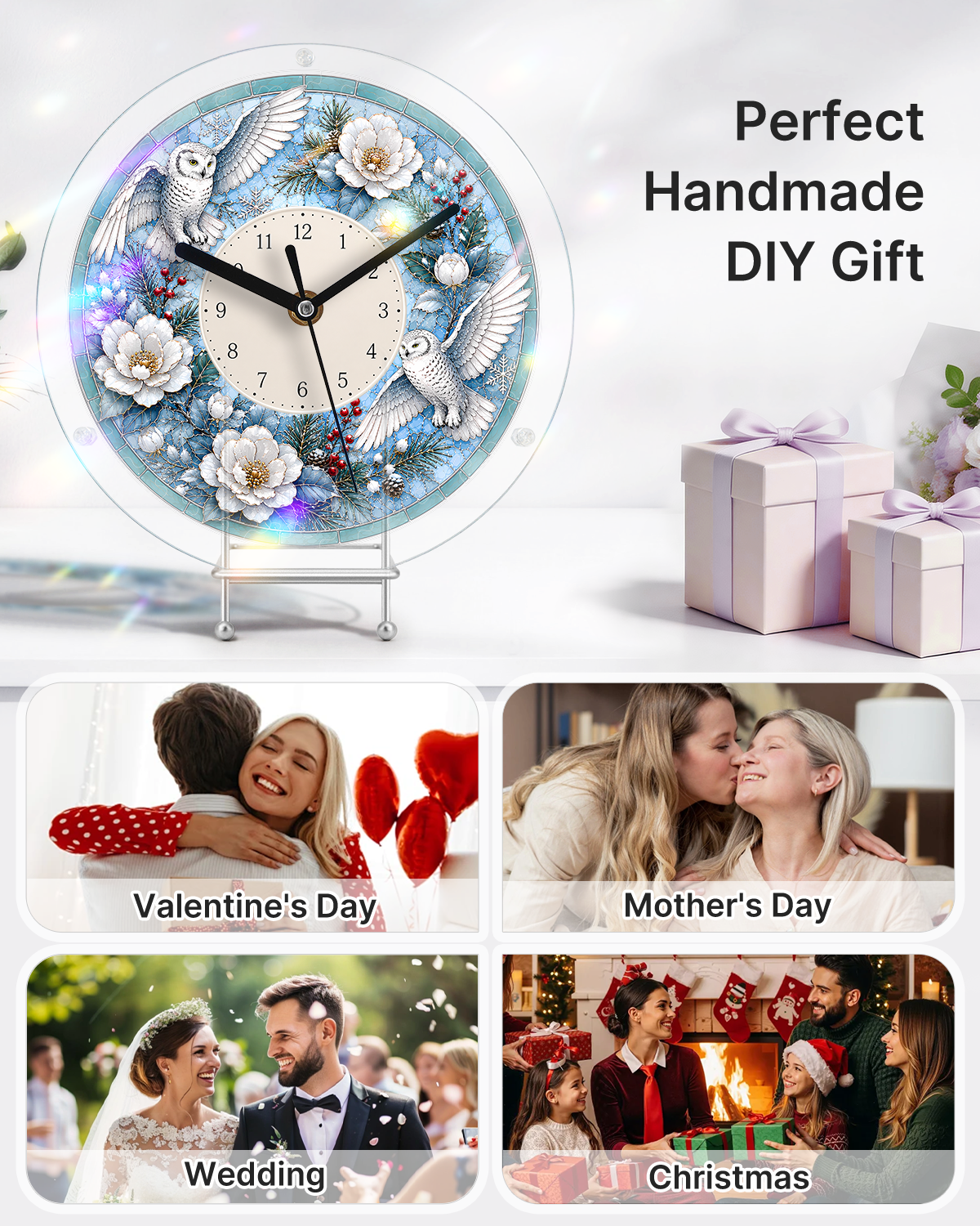 DIY Acrylic Puzzle Clock Kit - Winter Snowy Owls