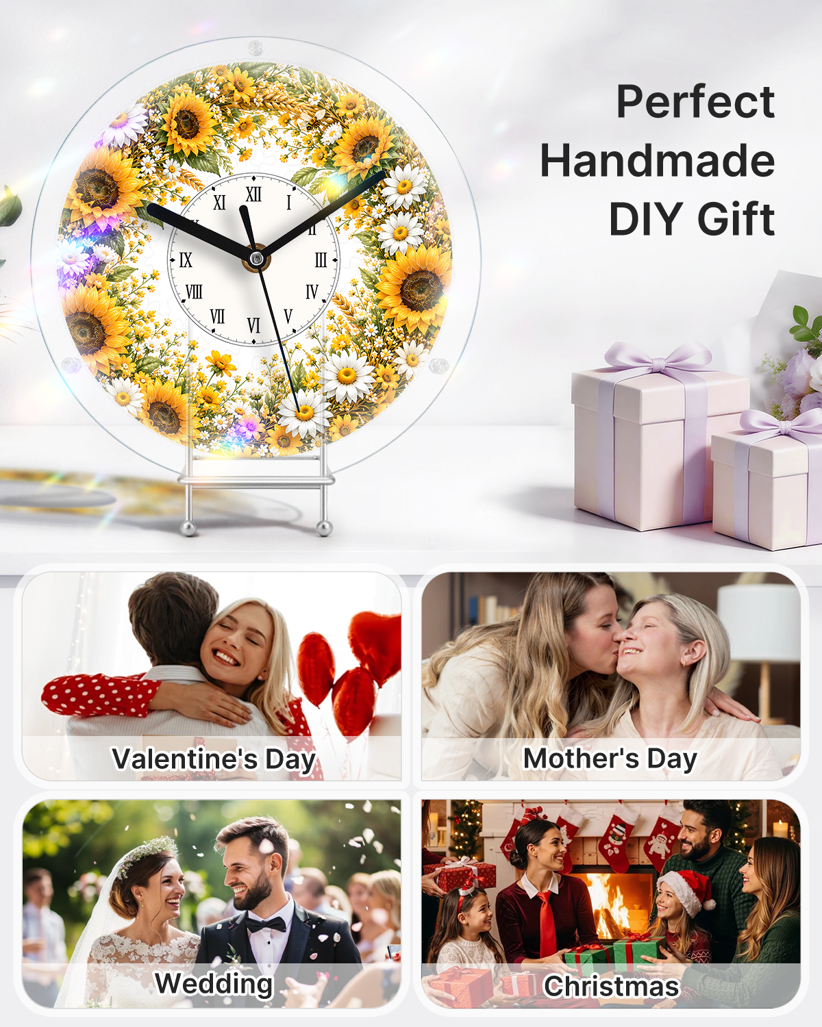 DIY Acrylic Puzzle Clock Kit - Golden Sunflower Field