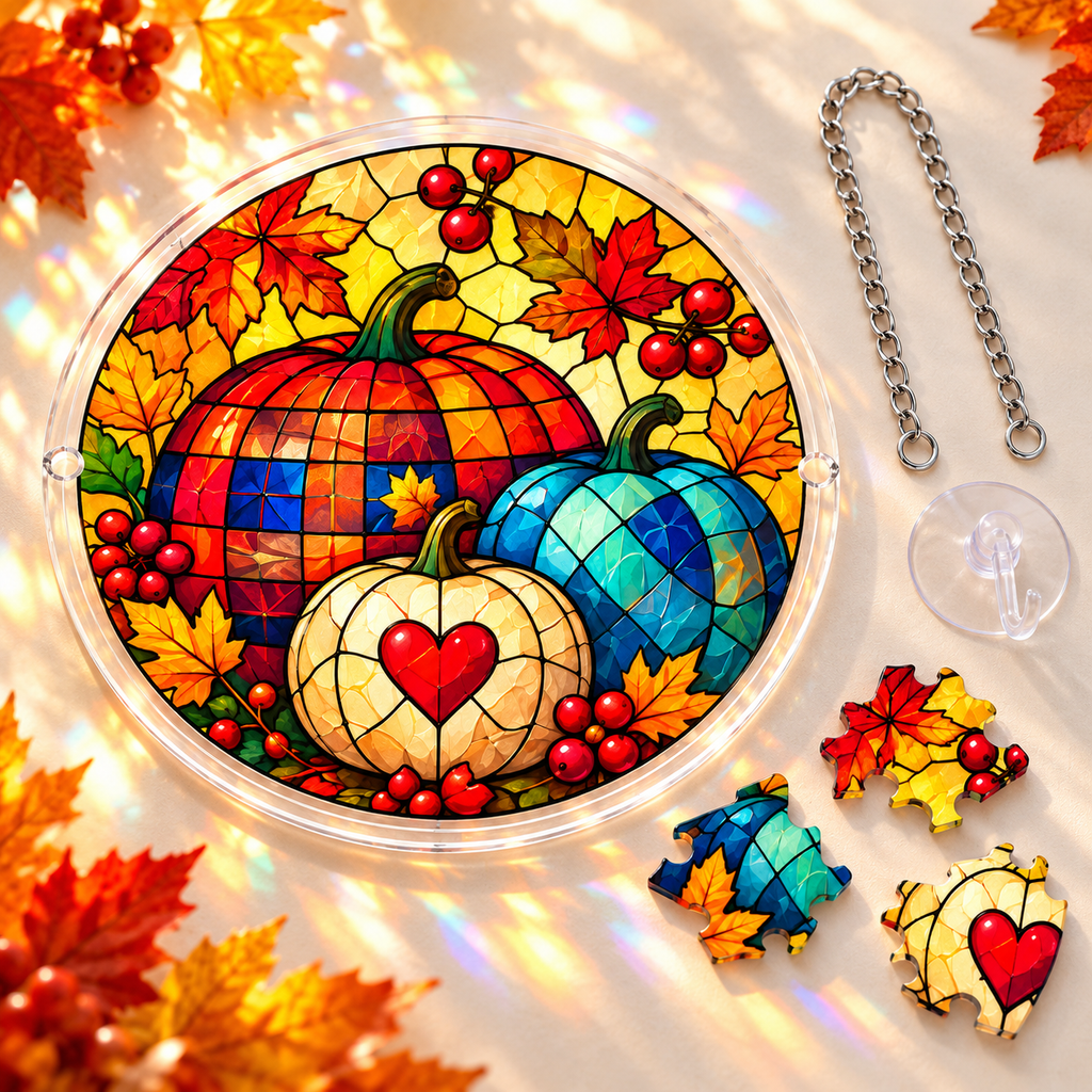 Tanksgiving Acrylic Jigsaw Puzzle Suncatcher - Plaid Pumpkin Hearts