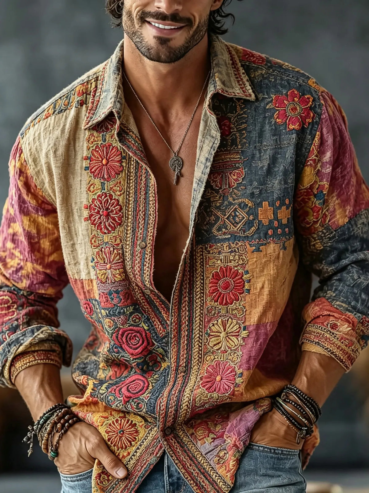 Men's Vintage Floral  Patchwork Embroidered Art Print Flowy Linen Blend Casual Shirt