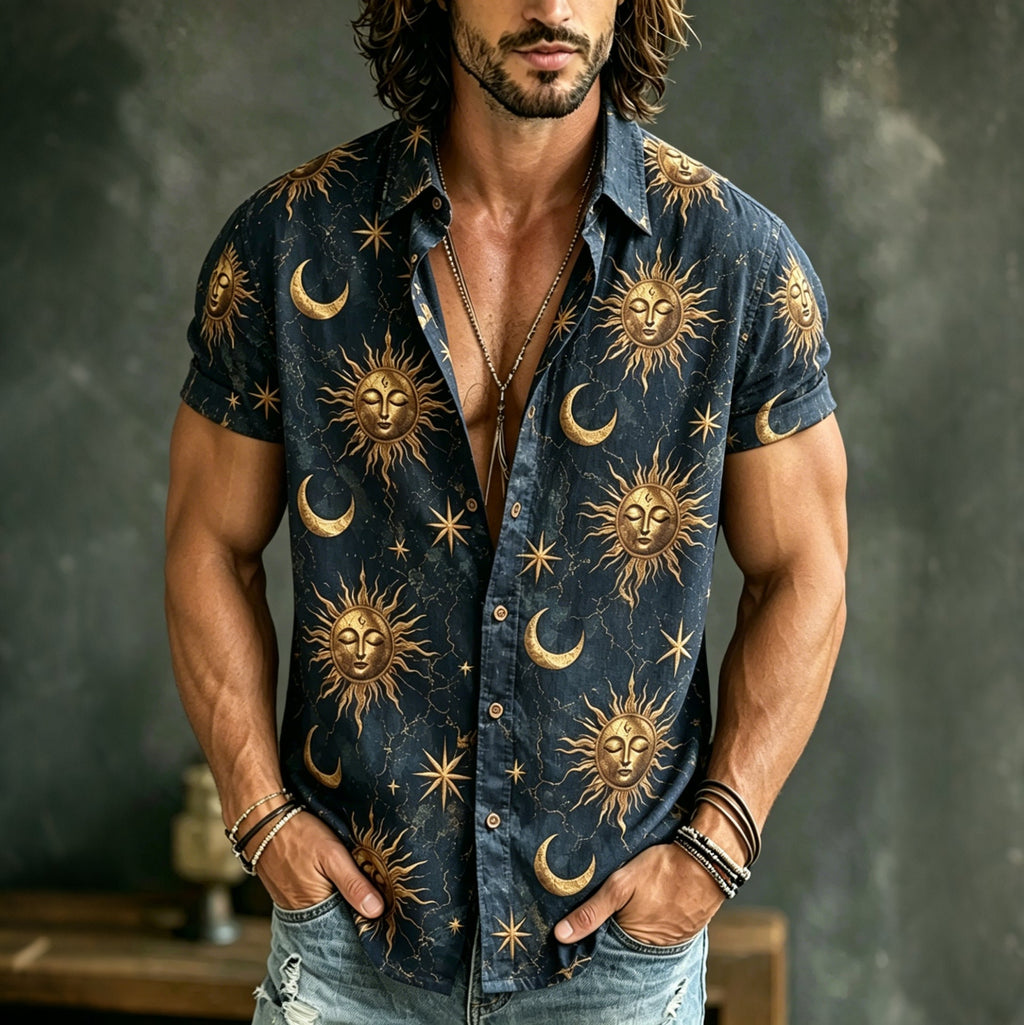 Men's Hippie Sun And Moon Art Pattern Print Short Sleeves Shirt