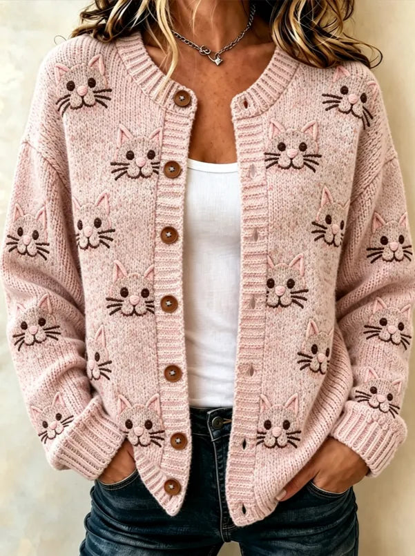 Women'S Breast Cancer And Flower Printing Knitted Cardigan Top