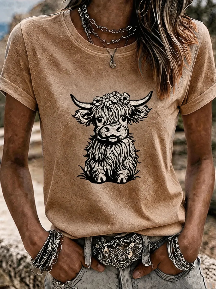 Women'S Western Grid Highland Cow Round Neck T-Shirt