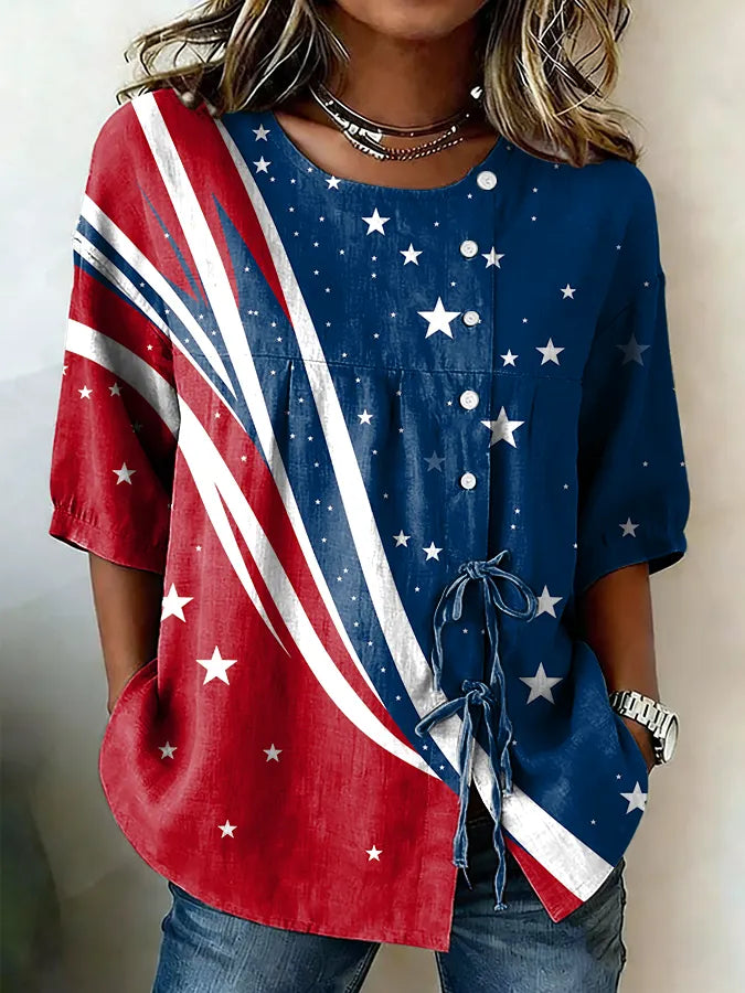 Women'S Retro Independence Day Flag Flower Art Casual Short Sleeved Shirt