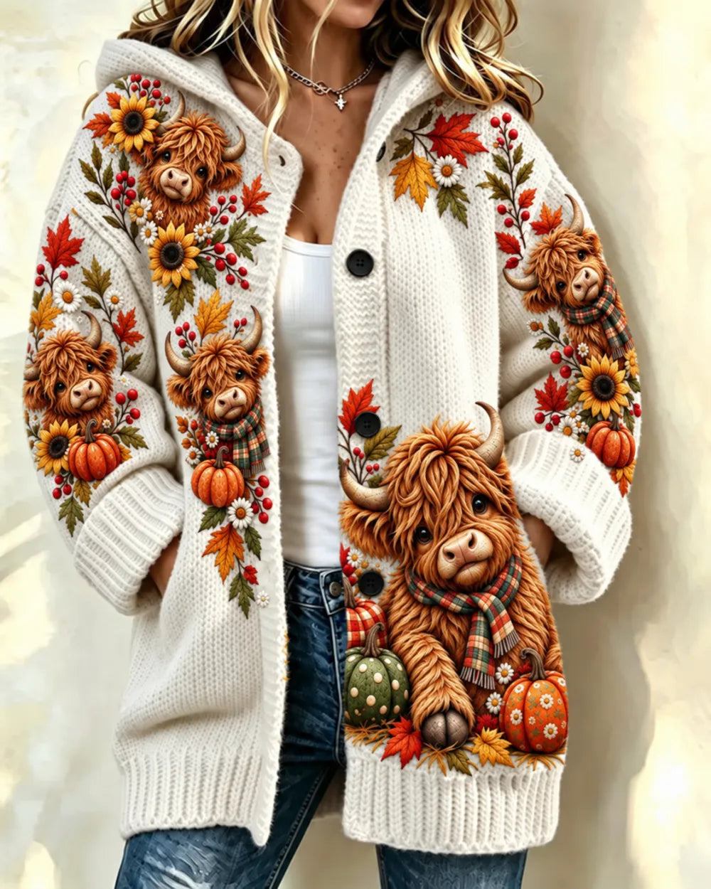 Women's Autumn Highland Cow Pumpkin Hooded Knit Cardigan