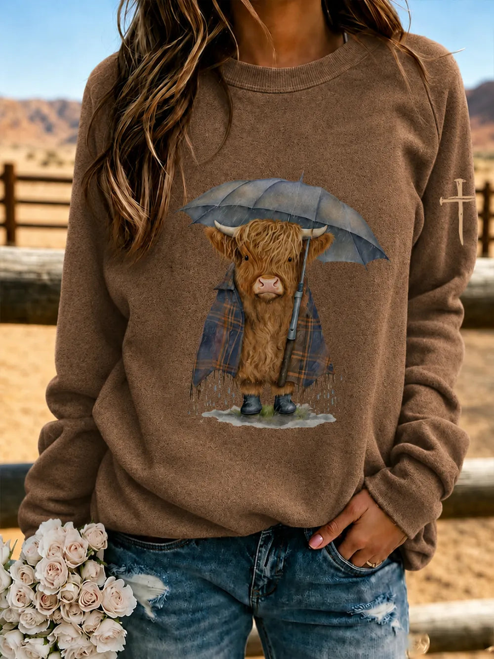 Women's Retro Western Highland Cow Cross Printed Round Neck Sweatshirt