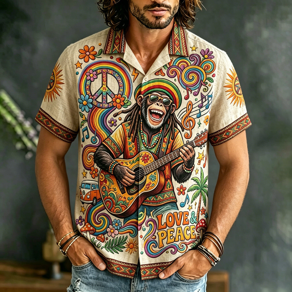 Men's Casual Hippie Music Print Short-sleeve Shirt