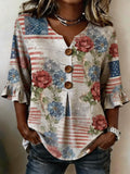 Women's Retro Art-Style American Flag Lapel Shirt