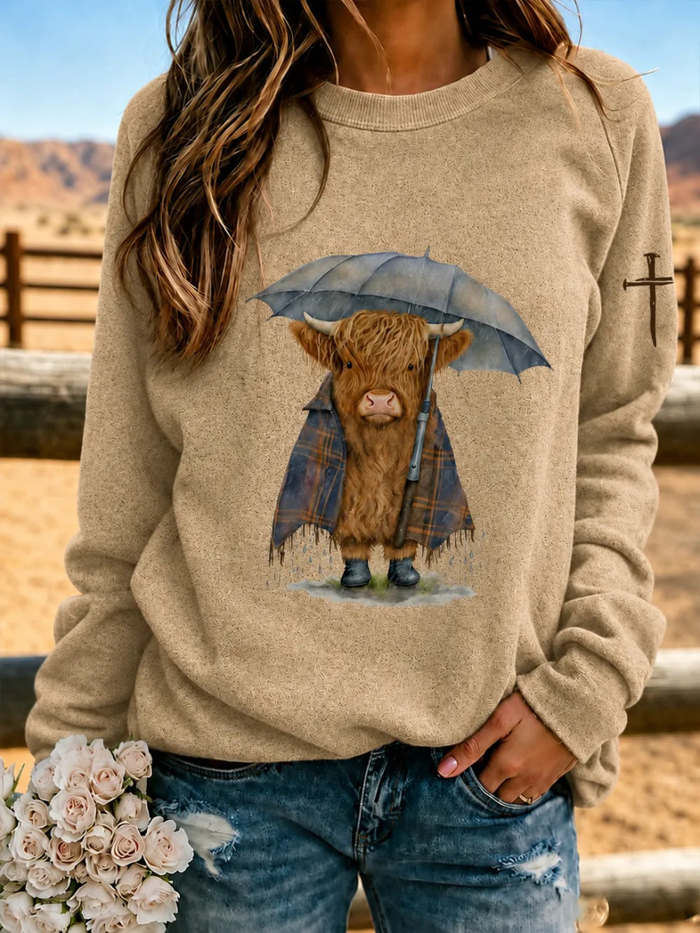Women's Retro Western Highland Cow Cross Printed Round Neck Sweatshirt