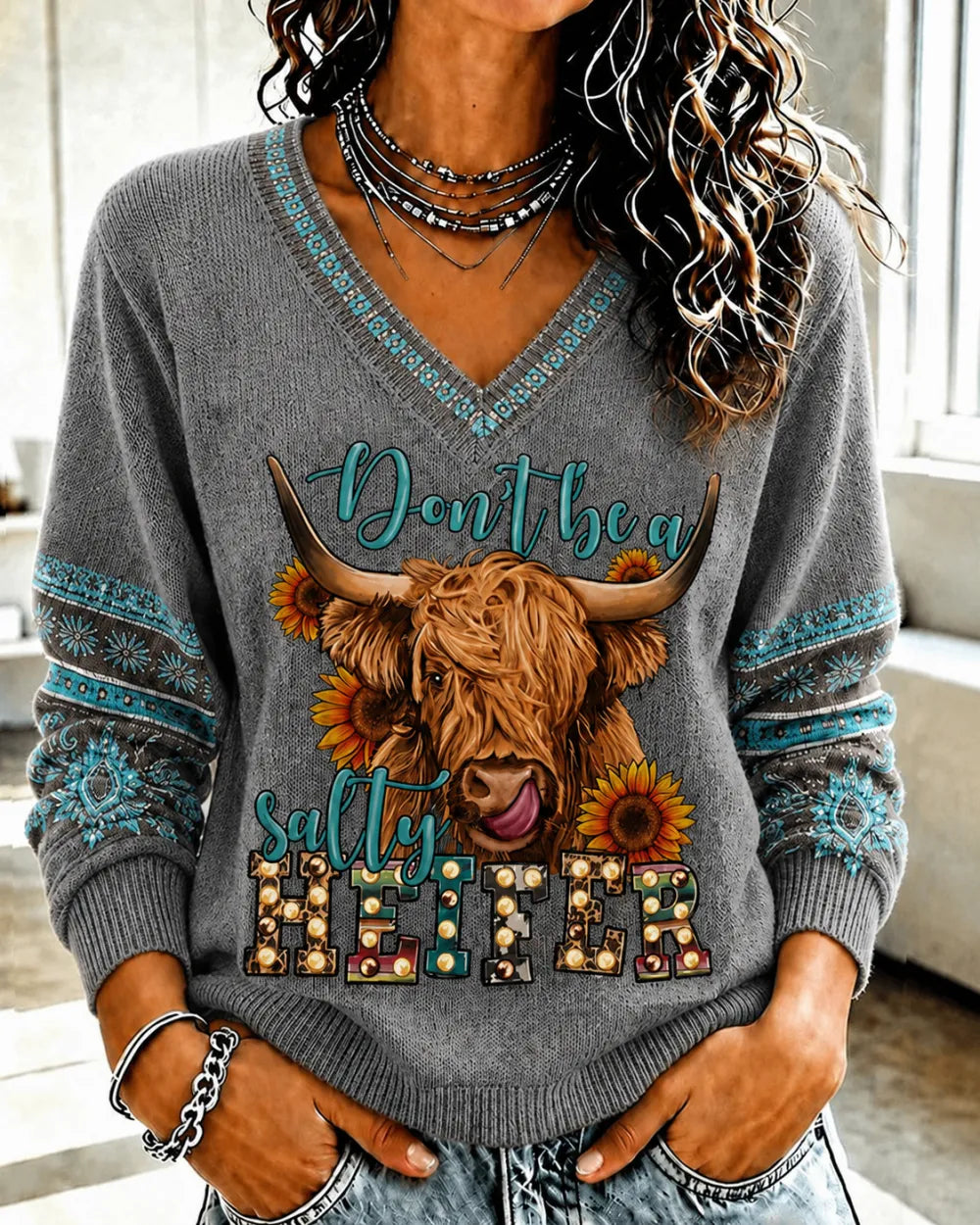 Women'S Highland Cow Retro Western Style Printed V-Neck Knitted Top