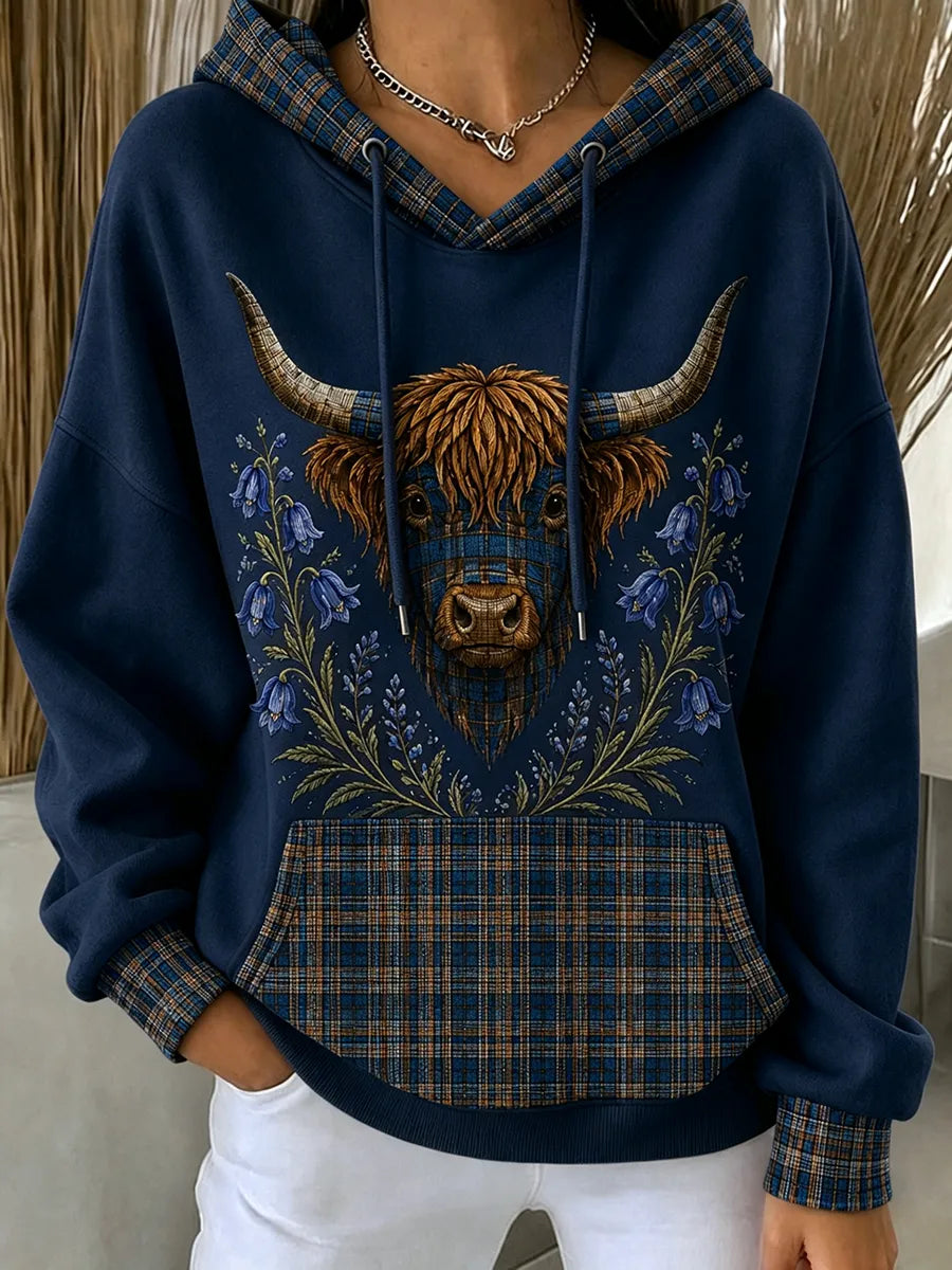 Women's Retro Highland Cow Grid Printed Casual Hoodie