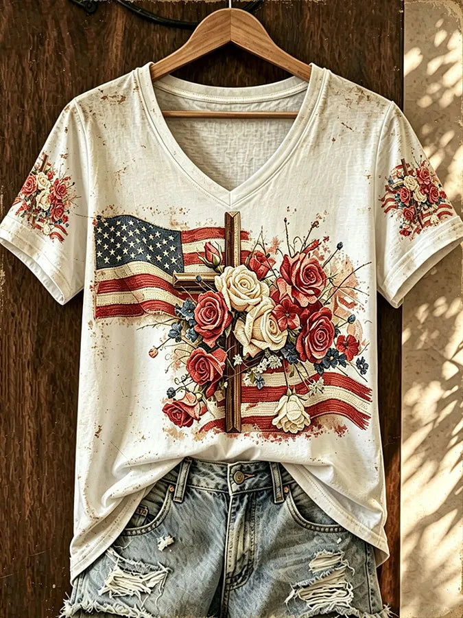 Women's Floral Cross Flag Print Short Sleeve T-shirt