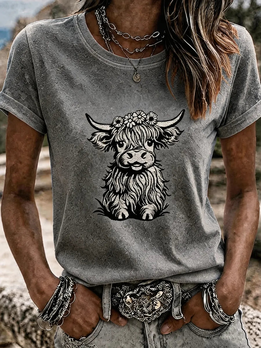 Women'S Western Grid Highland Cow Round Neck T-Shirt