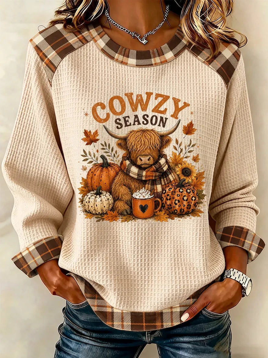 Women's Fall Pumpkin Raglan Waffle Top