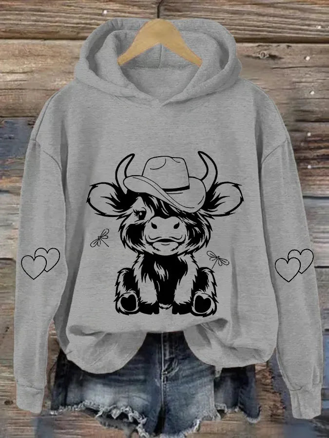Women's Cute Baby Highland Cow Cow Lover Printed Hooded Sweatshirt