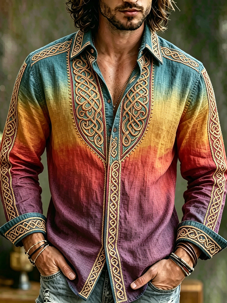 Men's Vintage Spring Summer Viking Tribal Jacquard Inspired Art Flowy Linen Blend Shirt