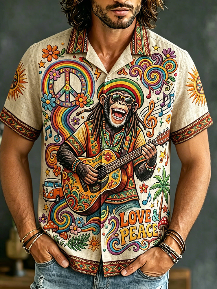 Men's Casual Hippie Music Print Short-sleeve Shirt