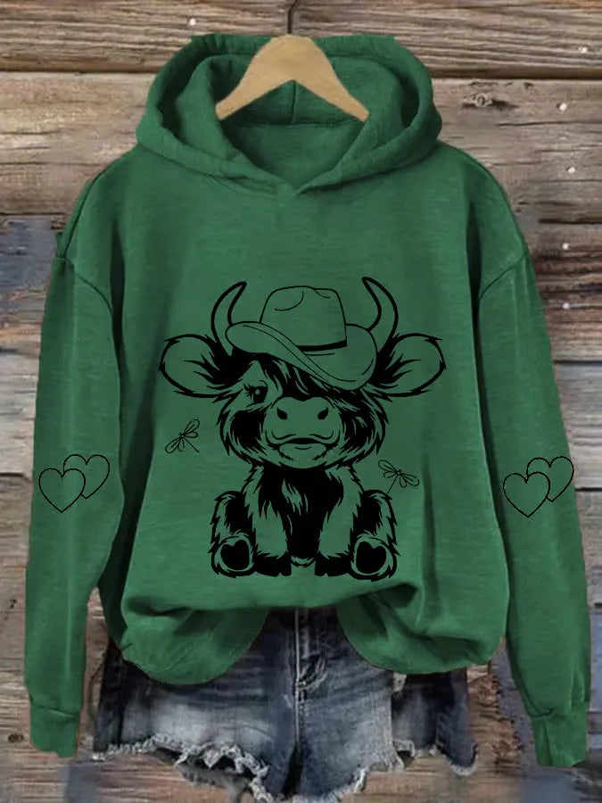 Women's Cute Baby Highland Cow Cow Lover Printed Hooded Sweatshirt