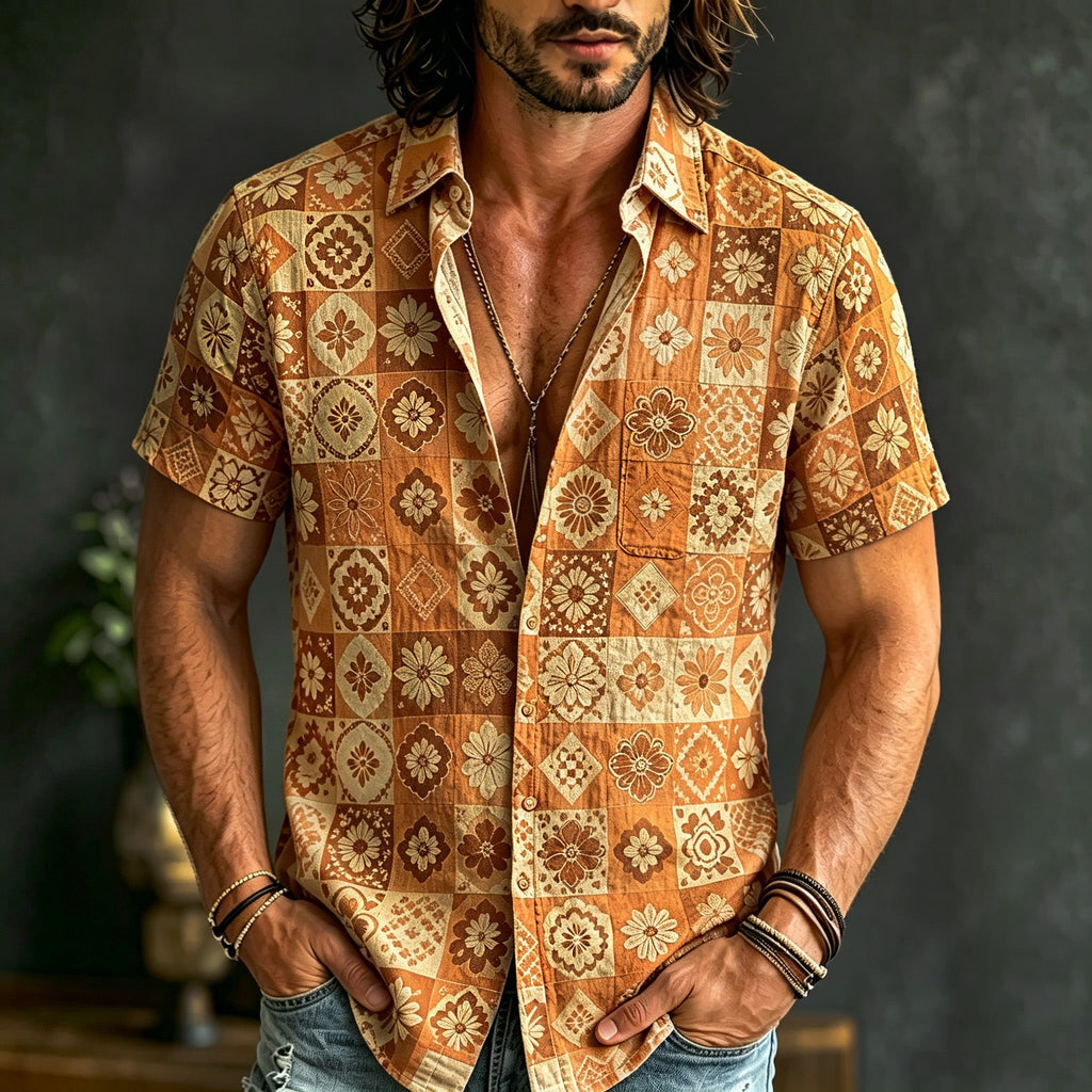 Men's Boho Patchwork Floral Print Hippie Cotton And Linen Comfortable Short Sleeve Shirt