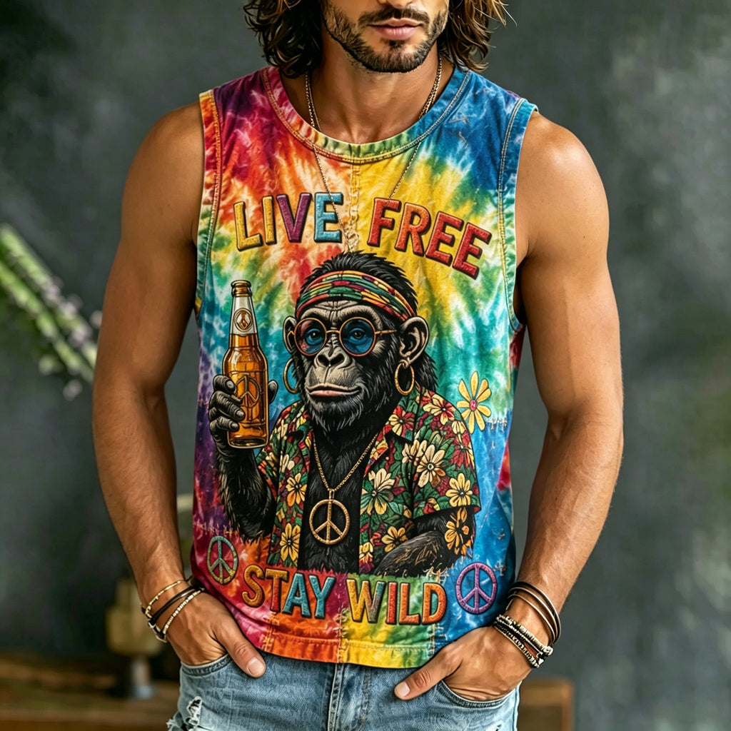 Men's Hippie Gorilla Letter Tie-dye Vacation Casual Vest