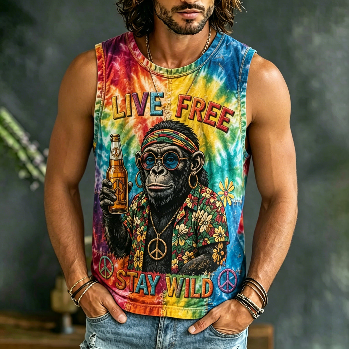 Men's Hippie Gorilla Letter Tie-dye Vacation Casual Vest