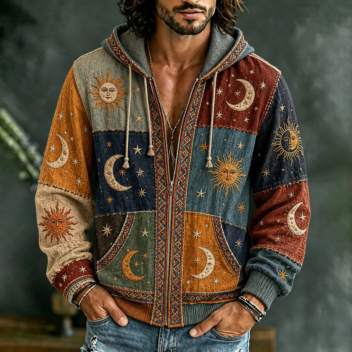 Men's Vintage Patchwork Peace Sign Sun Moon Star Art Cozy Warm Zipper Hoodie