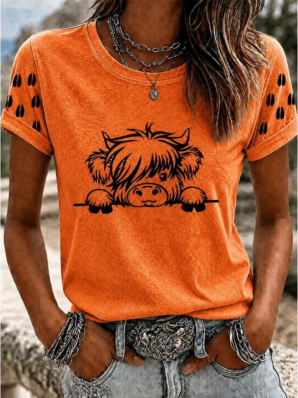 Women'S Western Grid Highland Cow Round Neck T-Shirt
