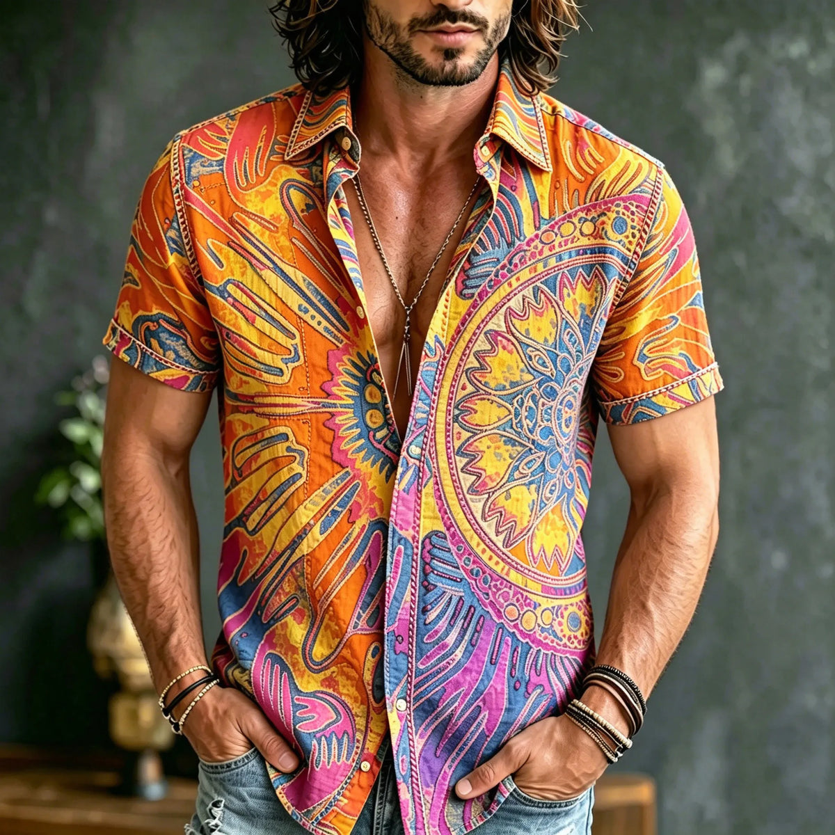 Men's Retro Hippie Style Vacation Style Pattern Printed Short-sleeve Shirt