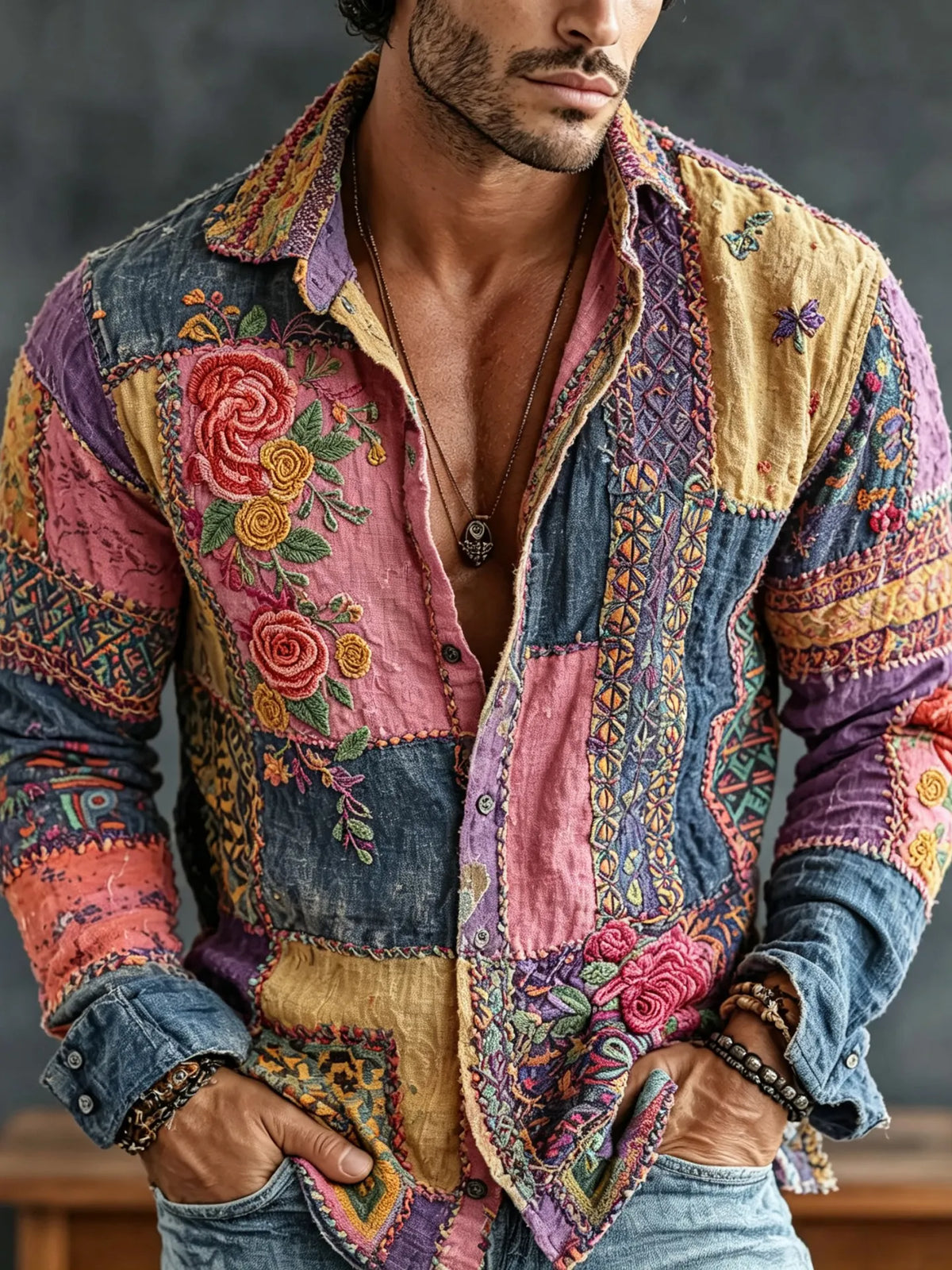 Men's Vintage Floral Patchwork Embroidered Art Print Flowy Linen Blend Casual Shirt