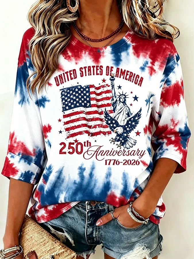 Women's Anniversary 1776-2026 Eagle Statue Of Liberty Tie Dye Tee