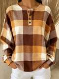 Women Plaid Henley Collar Vintage Spring/Fall Long Sleeve Sweatshirt