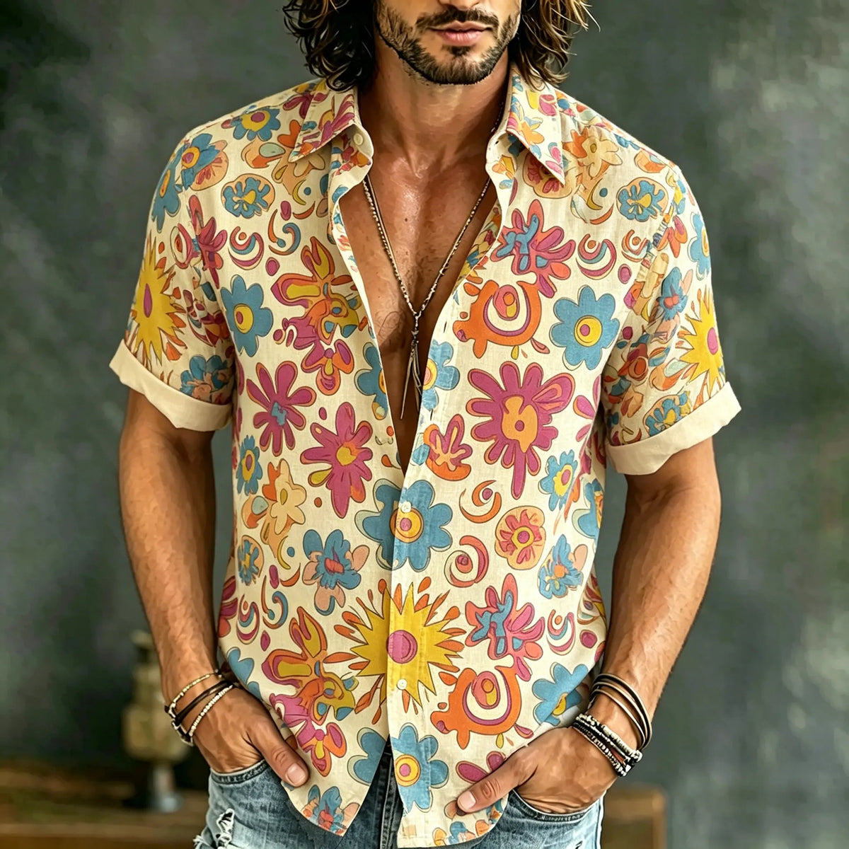 Men's Vintage Hippie Floral Art Print Short Sleeve Shirt