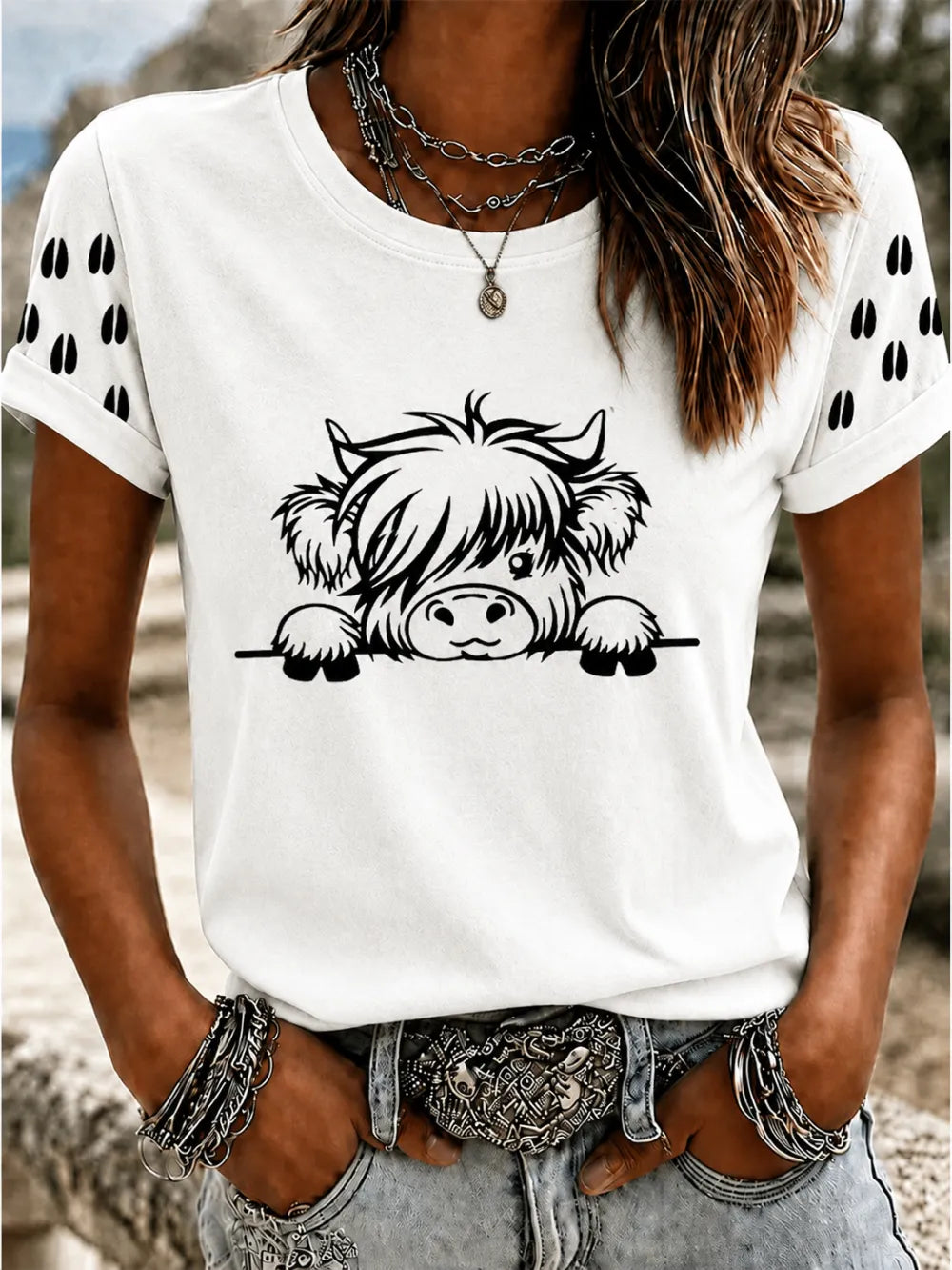 Women'S Western Grid Highland Cow Round Neck T-Shirt