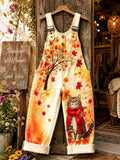 Women's Retro Style Art Print Washed Cotton Denim Patchwork Jumpsuit
