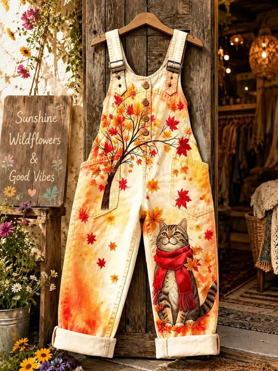 Women's Retro Style Art Print Washed Cotton Denim Patchwork Jumpsuit
