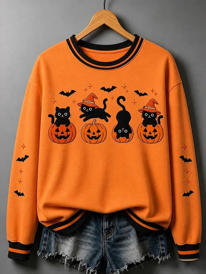 Women'S Halloween Pumpkin Black Cat Art Print Casual Sweatshirt