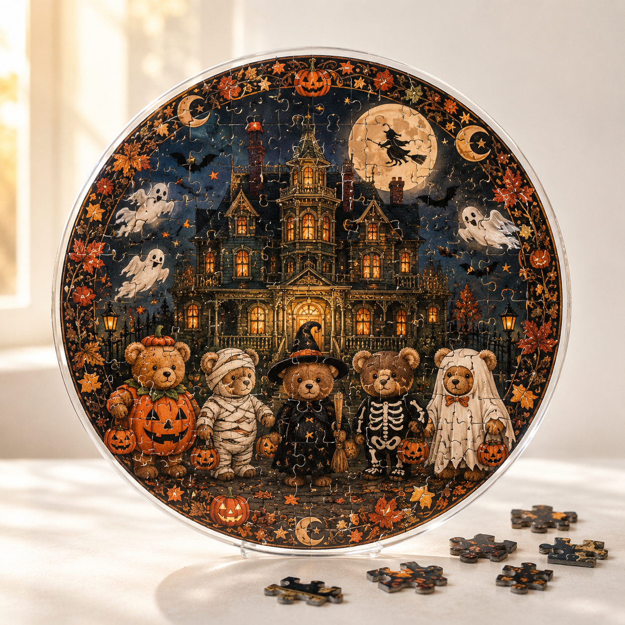 Halloween Acrylic Jigsaw Puzzle Suncatcher - Costumed Teddy Bears Group