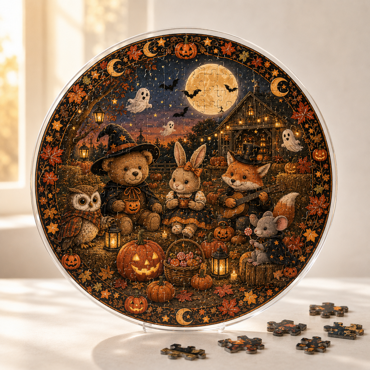 Halloween Acrylic Jigsaw Puzzle Suncatcher - Woodland Pumpkin Party
