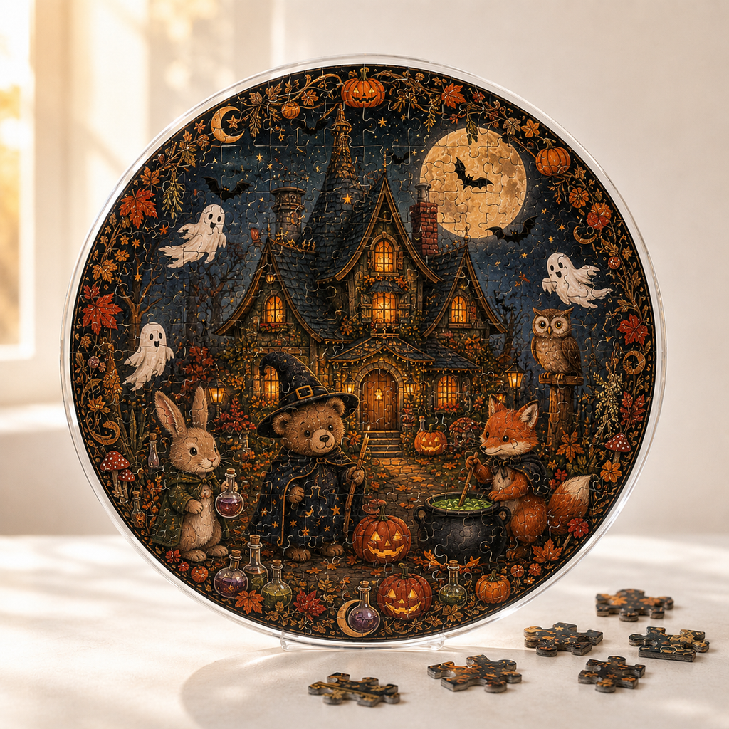 Halloween Acrylic Jigsaw Puzzle Suncatcher - Forest Animals Magic Cottage